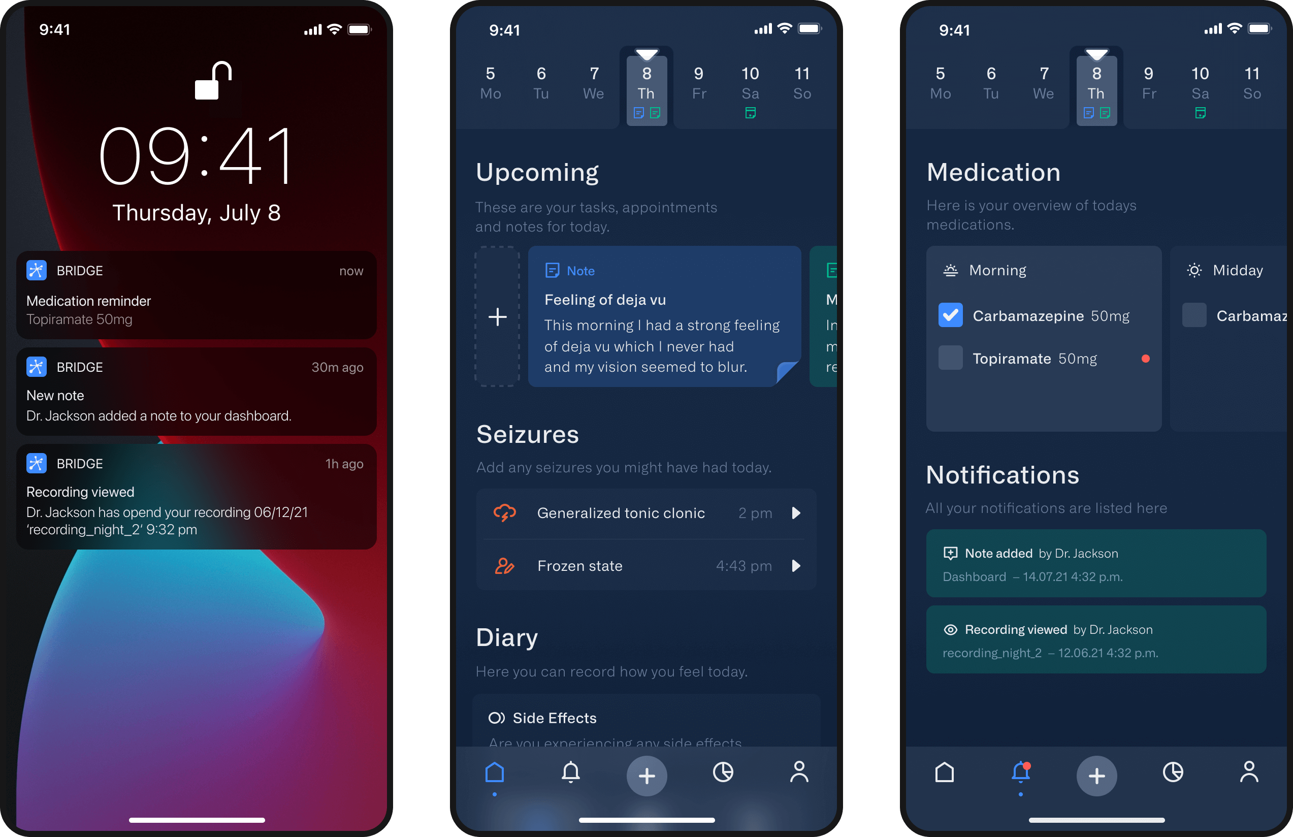 The image shows three smartphone mockups arranged side by side. The first smartphone displays the lock screen with three notifications from the application. The second smartphone shows the open app, featuring a navigation bar at the bottom. The navigation bar consists of four navigation points and a large plus button in the center. While the second screen displays the dashboard, the third mockup shows the notifications area.