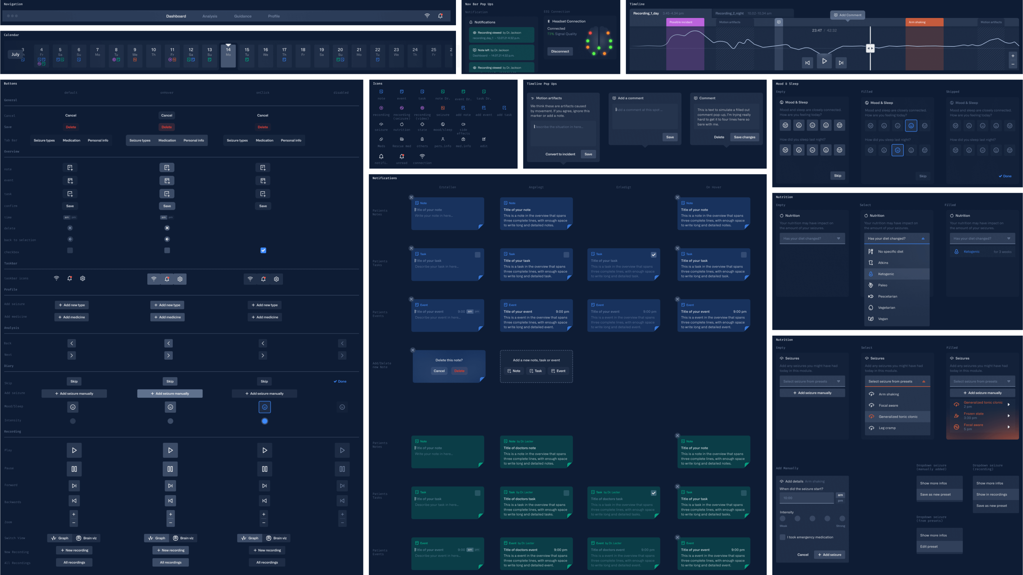 The image shows a snippet of the component library for the application, including buttons and cards along with their interaction states. The overall appearance of the components is dark blue with gray shades and some colors for highlights.The primary color is a strong blue color.