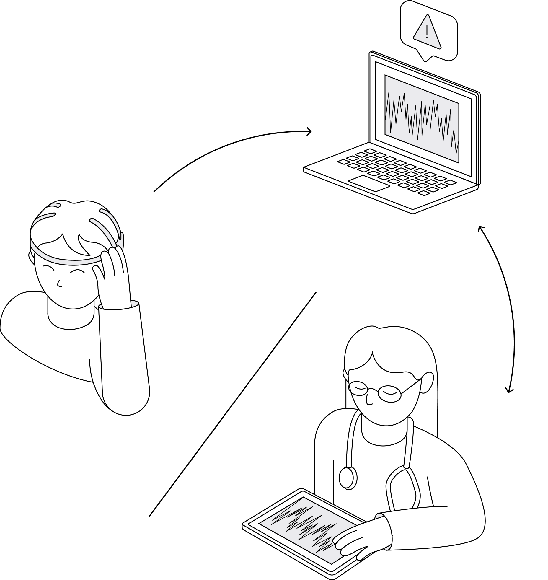 The image depicts an illustration of two people who are spatially separated. One person is connected to an EEG. The other person is a doctor holding a tablet, displaying the patient's brain activity. Between the two individuals, a computer is shown, transmitting the data from the patient to the doctor.