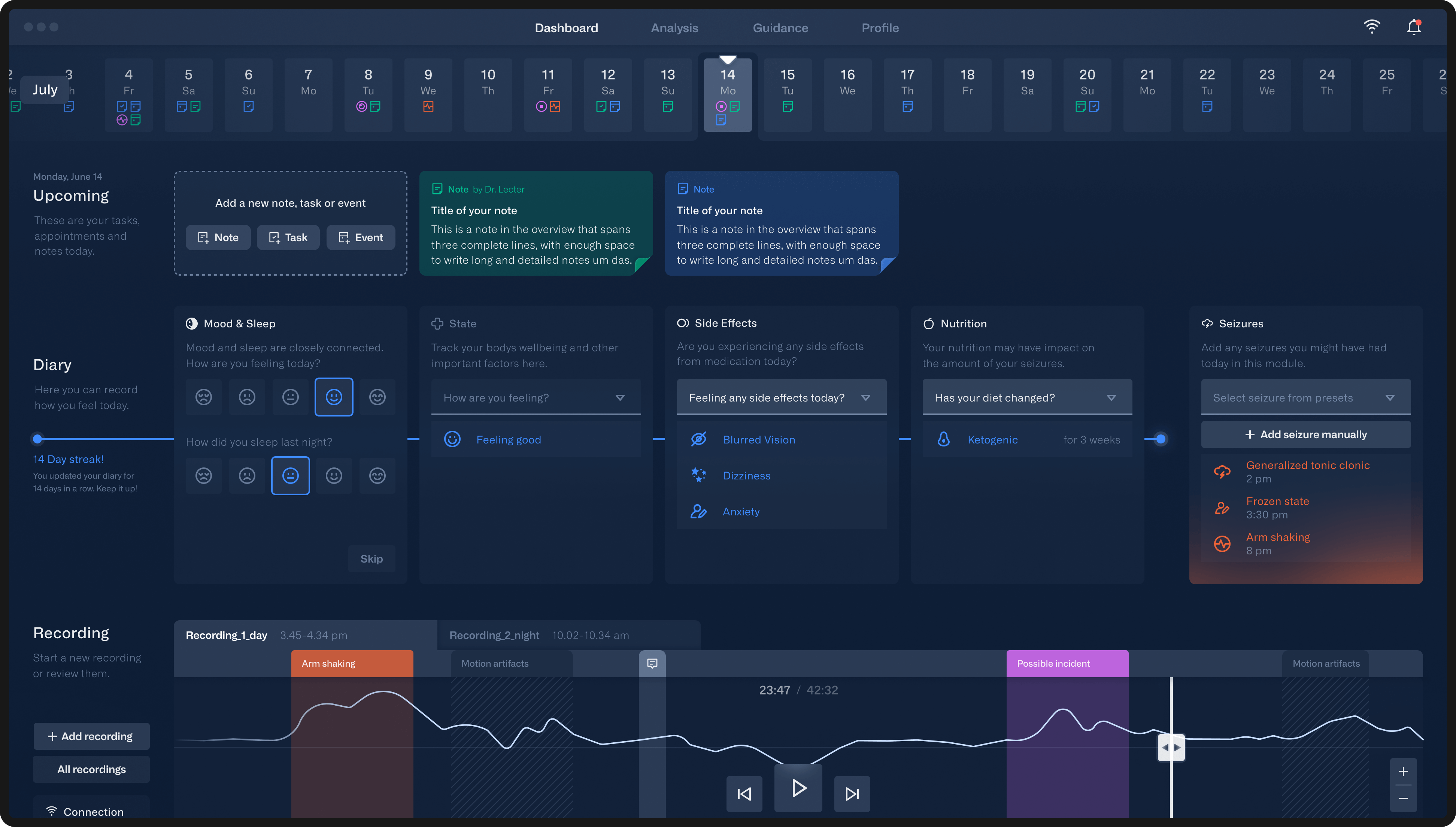 The image shows a mockup of a screen. The dashboard of the application is displayed. It is structured as follows from top to bottom: a navigation bar, a calendar, an area for notes, tasks and events, a user's epilepsy diary, and the latest EEG recording.