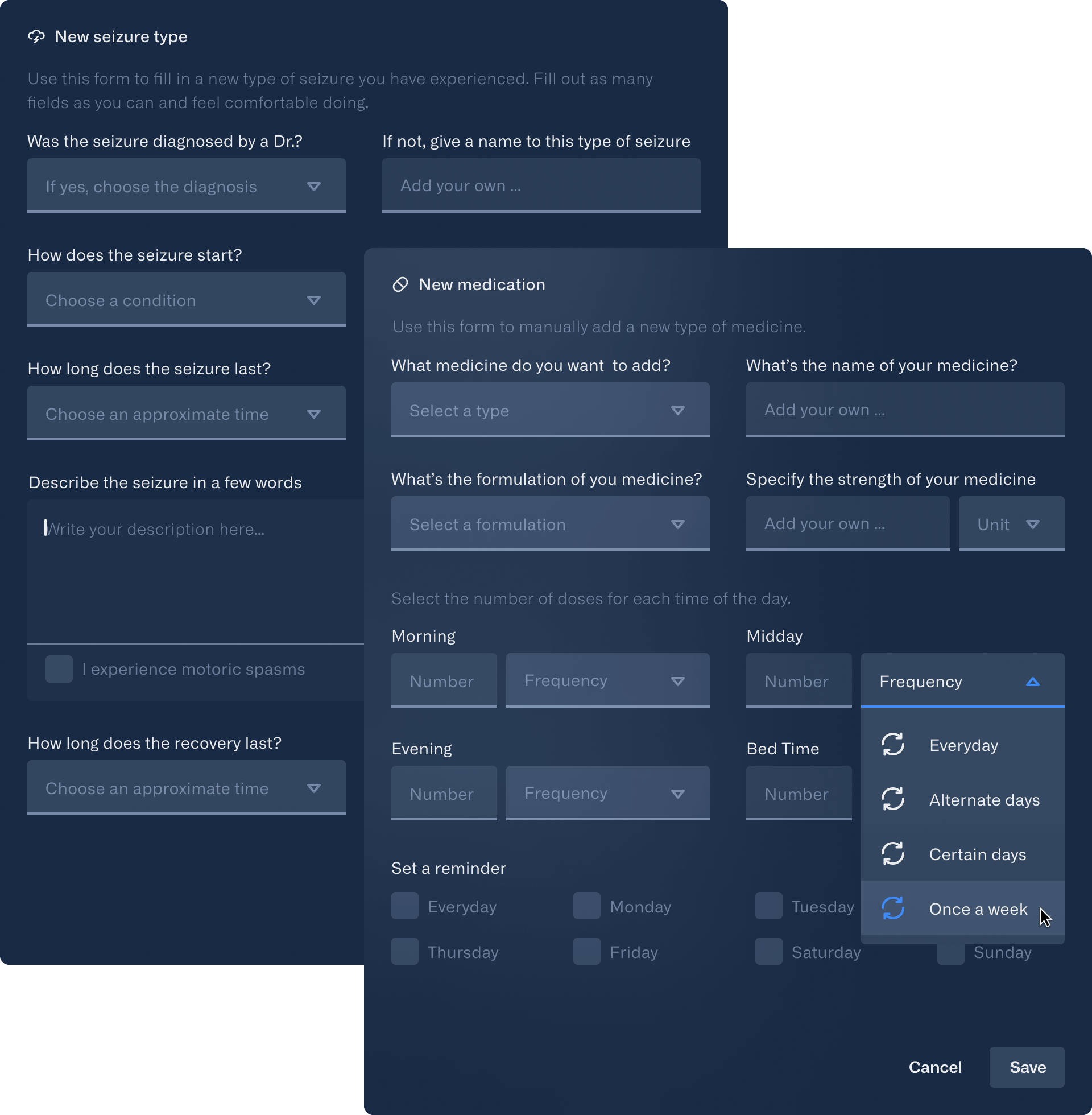 The image shows two large modals layered on top of each other. The back modal provides the option to add a new seizure type, while the front modal allows for adding a new medication. Both modals feature a large number of dropdown menus, text fields, and checkboxes to specify the input details.