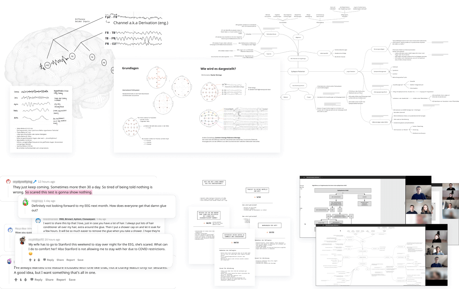 The image shows a collection of research documents on the topic of electroencephalography, as well as excerpts and quotes from interviews with experts and individuals with epilepsy.