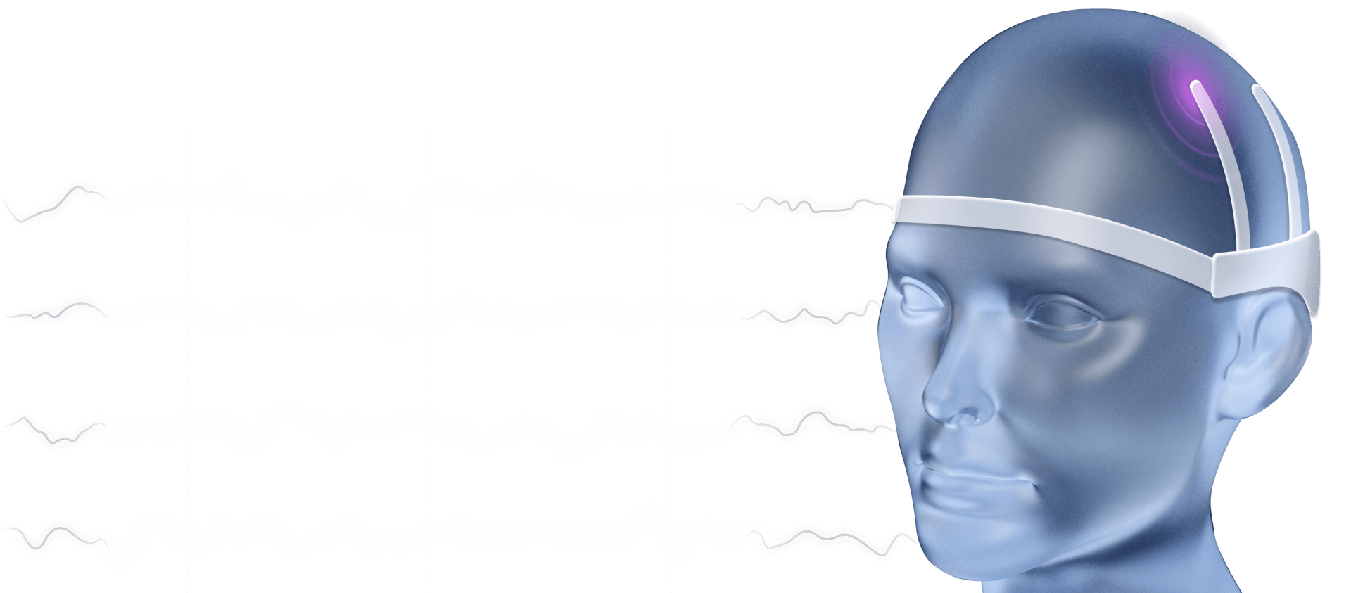 The image shows the three-dimensional model of a head. It appears as though the head is made of opaque glass. A mobile EEG is attached to the head, and in the background, there are four wavy lines.