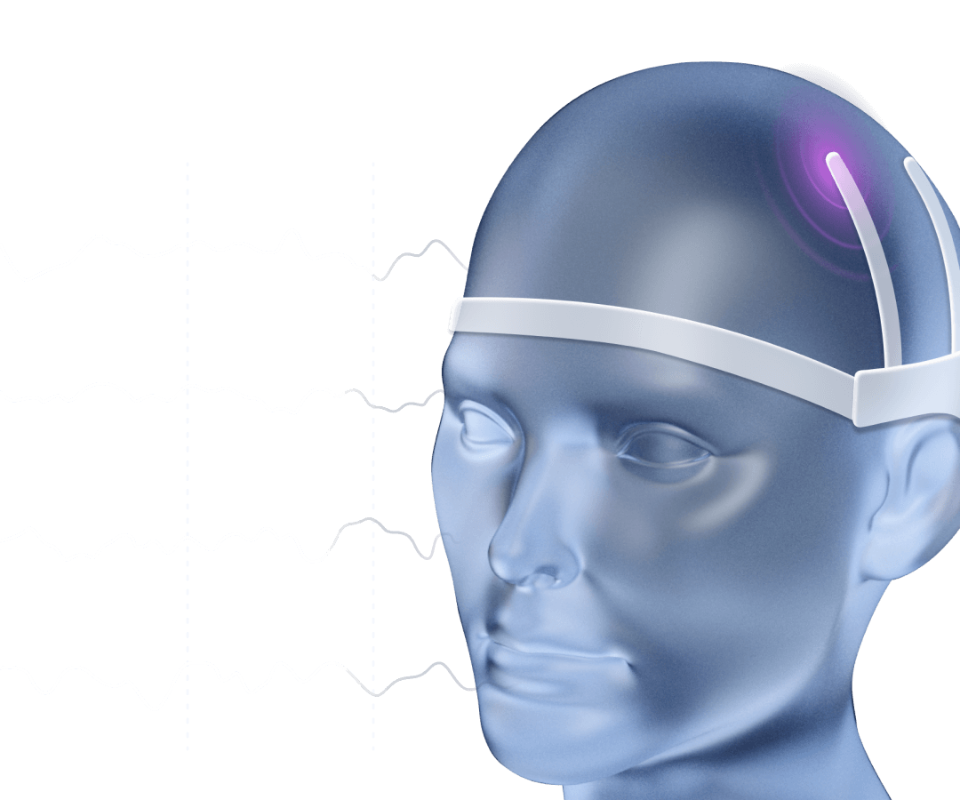 The image shows the three-dimensional model of a head. It appears as though the head is made of opaque glass. A mobile EEG is attached to the head, and in the background, there are four wavy lines.