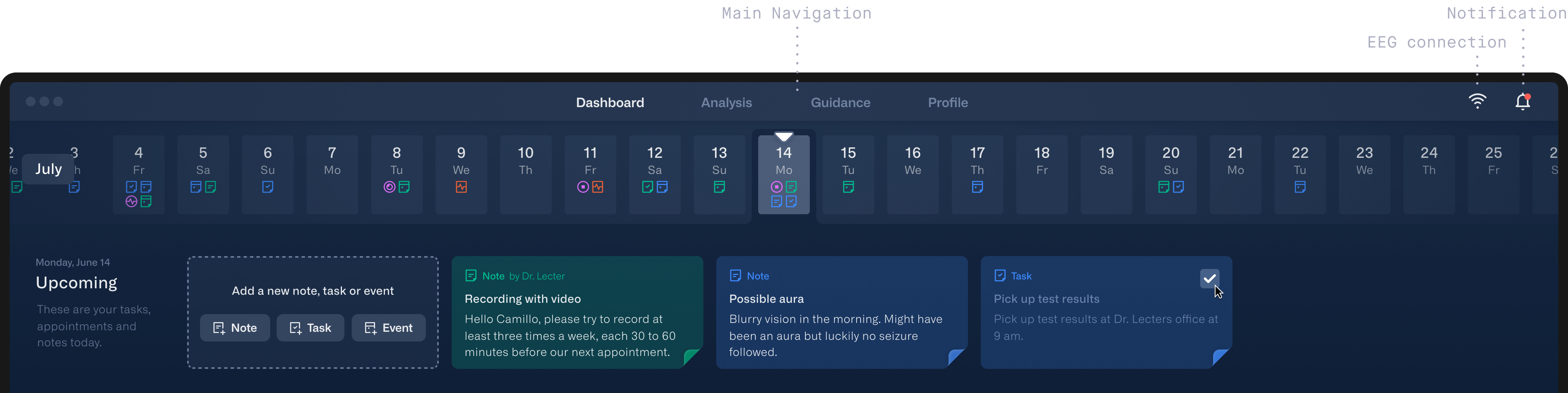 The image shows a more detailed view of the dashboard. The upper half of the screen is visible. The navigation is divided into four navigation points, along with a notification icon and a connection icon. The calendar extends horizontally across the entire screen, with a few days marked by colorful icons. Below it are the user's notes in blue and a note from the doctor in green, as well as the option to add new notes, tasks, or events.