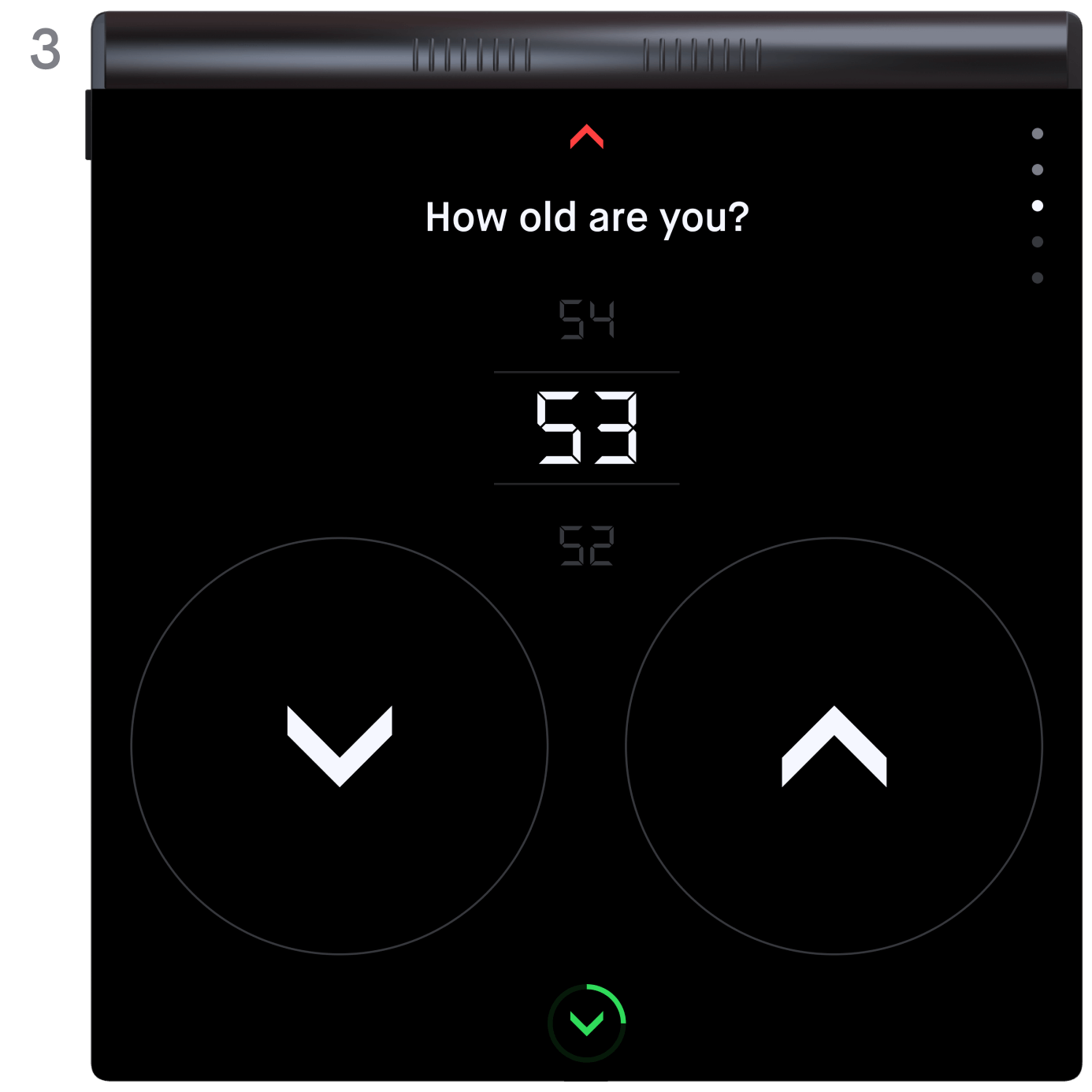 A series of three images. Each image shows the scale from above, displaying the last three steps in the profile creation process. The first image presents the question about the user's age, with three numbers arranged vertically. The middle number is highlighted and larger than the others. Below the numbers, there are two large circular buttons, each with an upward and downward arrow. The second image features a screen set up similarly to the first, but this time it asks for the user's height. In the final screen, the user is prompted to choose an avatar from six different emoticons.