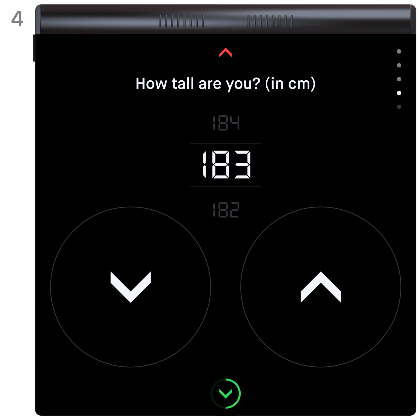 A series of three images. Each image shows the scale from above, displaying the last three steps in the profile creation process. The first image presents the question about the user's age, with three numbers arranged vertically. The middle number is highlighted and larger than the others. Below the numbers, there are two large circular buttons, each with an upward and downward arrow. The second image features a screen set up similarly to the first, but this time it asks for the user's height. In the final screen, the user is prompted to choose an avatar from six different emoticons.