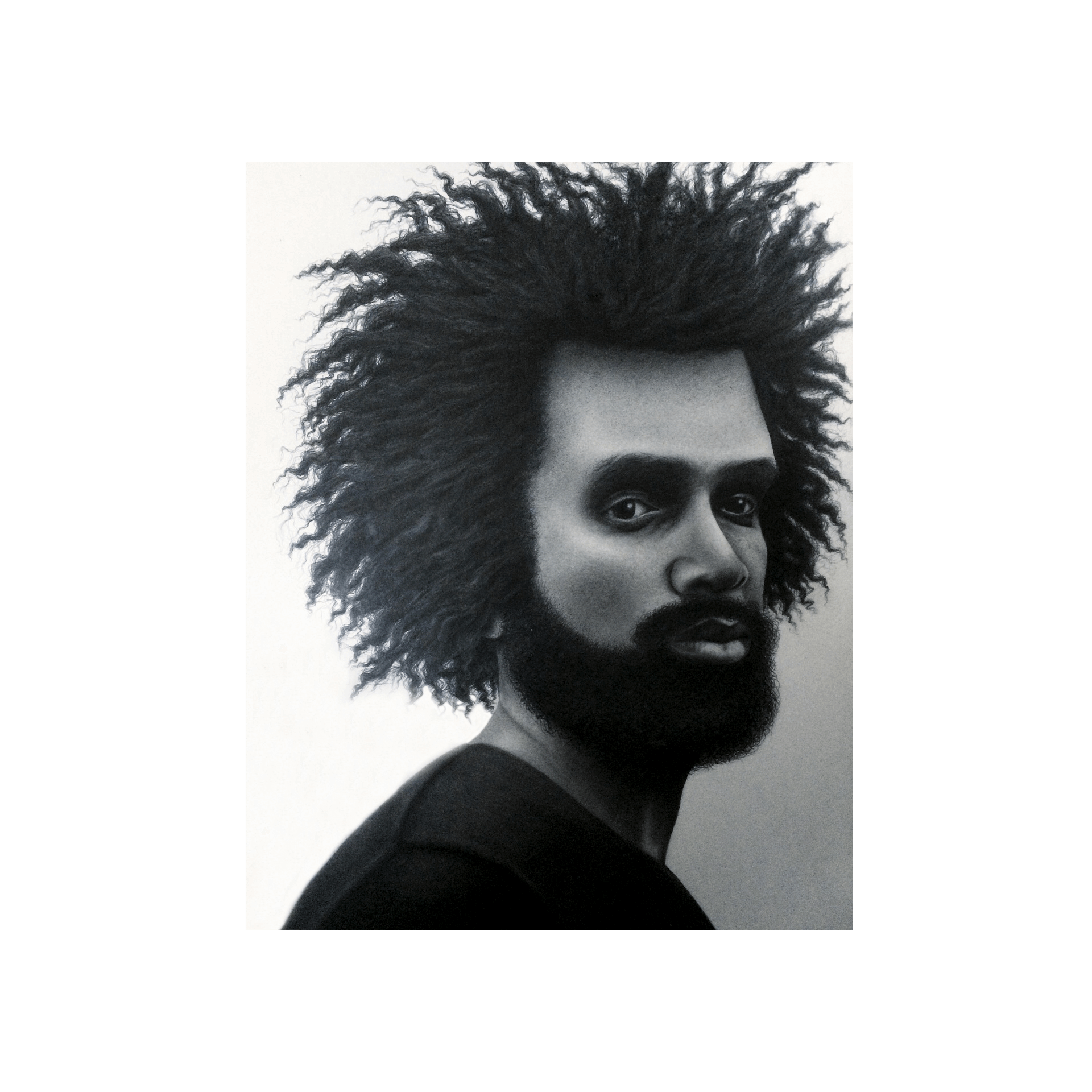 The image shows a black-and-white drawing of a man with dark curly hair. He has a full beard and is staring seriously at the camera.