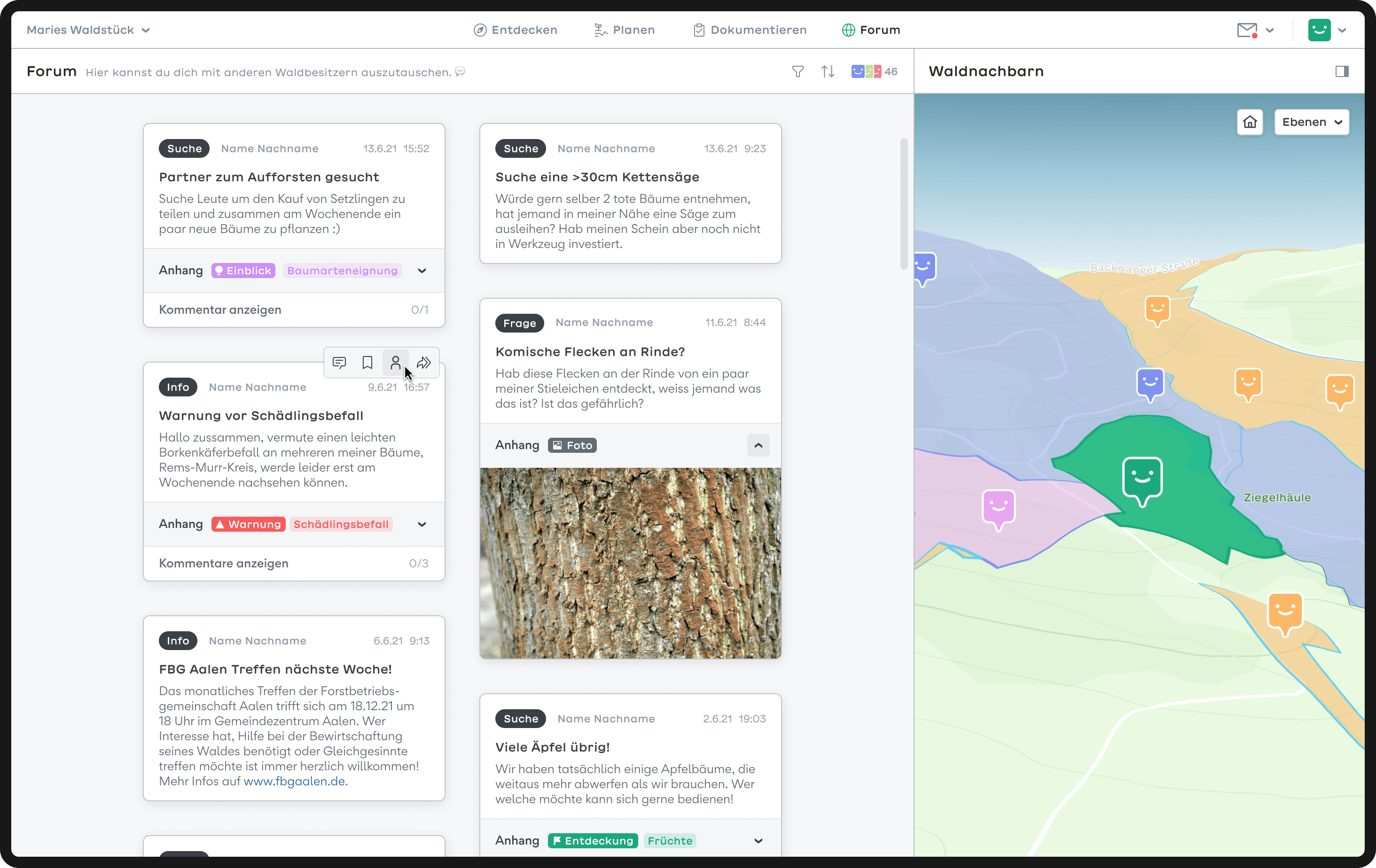 The image shows a mockup of a computer screen. On the screen is the Forum page. It is divided into two sections. Two-thirds of the screen is filled with various posts, while on the right is a map. The map shows the neighboring forest areas using different colors.