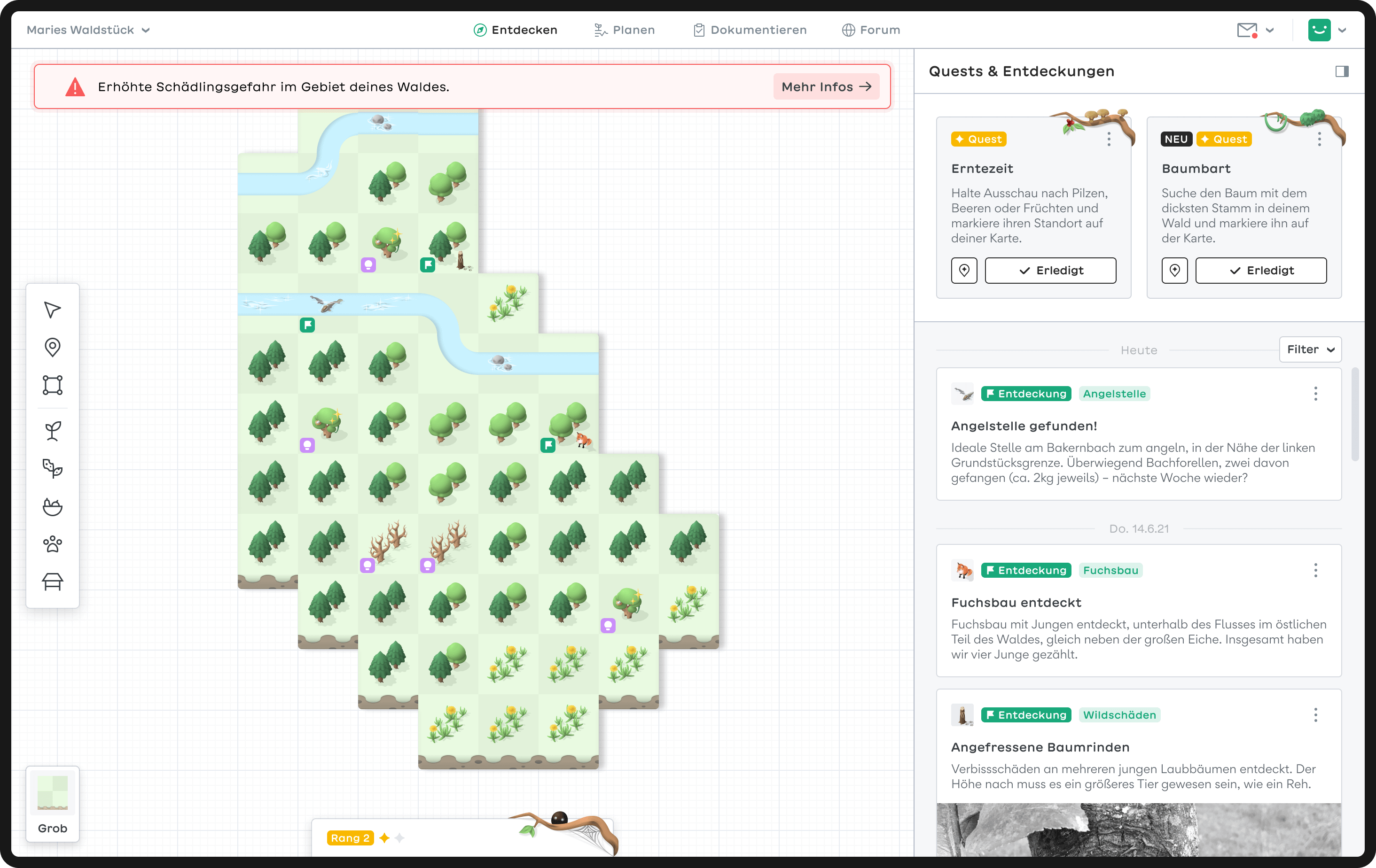 The image shows a mockup of a computer screen. At the top is a navigation bar. Two-thirds of the screen is covered by an illustrated map, while the remaining part contains cards displaying tasks for the user and journal entries. On the left side of the screen is a toolbar allowing the user to edit the map.