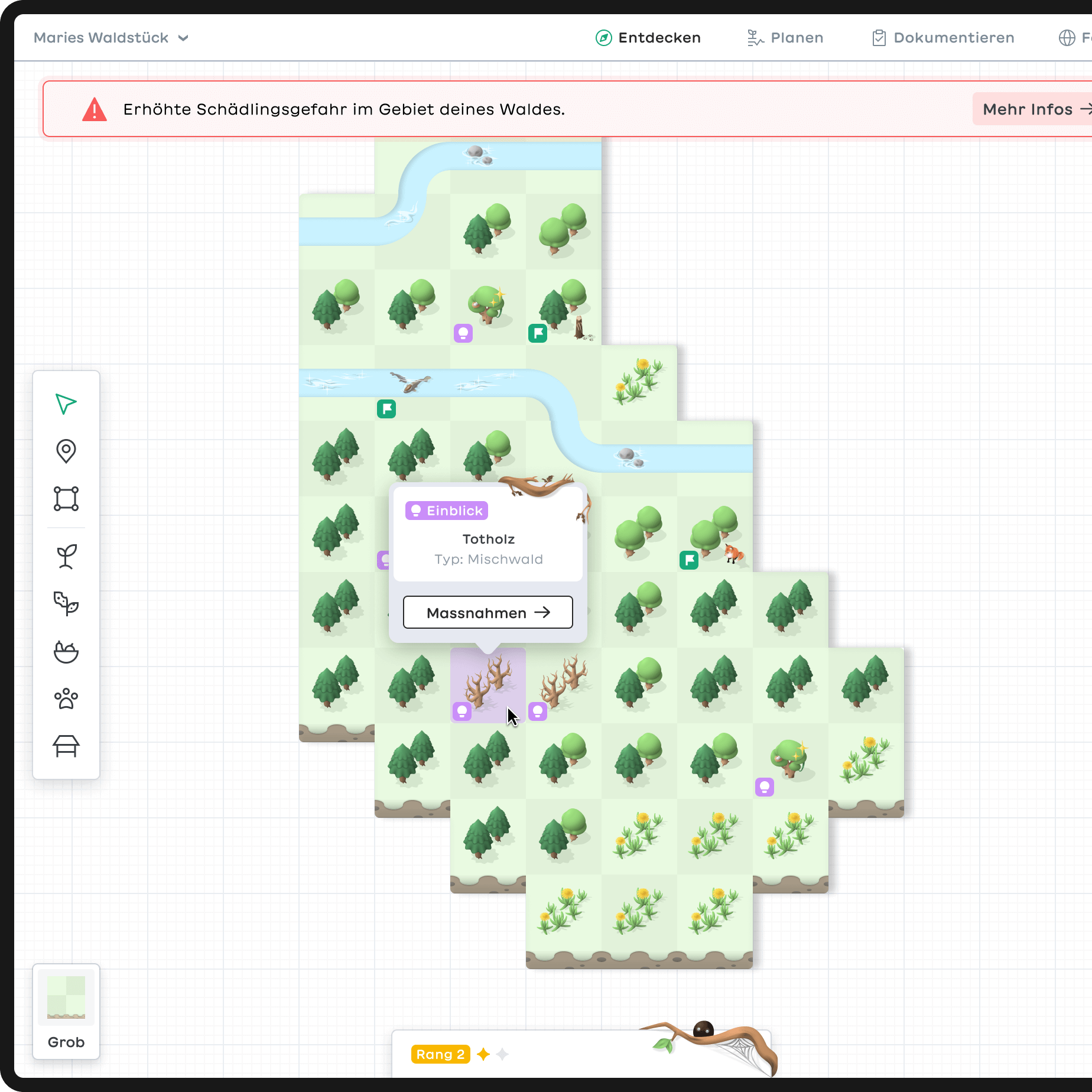 The image shows a mockup of a computer screen. Only the left half of the screen is visible, while the rest is cut off. On the screen, the illustrated map is visible again. A cursor moves over the map, triggering the opening of a small modal. The modal shows an illustration of a dead branch and explains that this part of the forest contains deadwood. A button allows the user to take action.