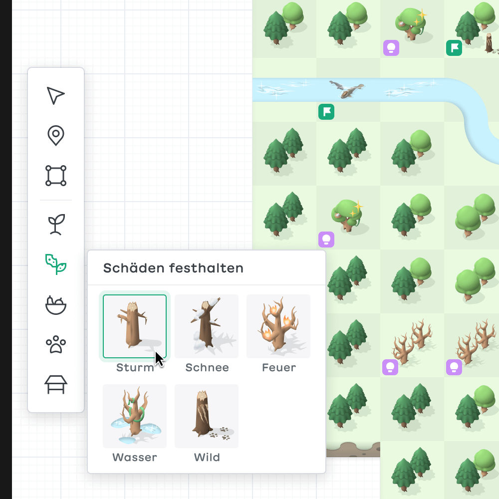 A series of images showing how to add a new discovery to the map using the toolbar. The first image shows a cursor selecting a plant icon from the toolbar. It appears to be about to select the storm icon. In the second image, the storm icon is being dragged and dropped onto the map. The third image shows a modal above the map, where the user can add a description and save the discovery.