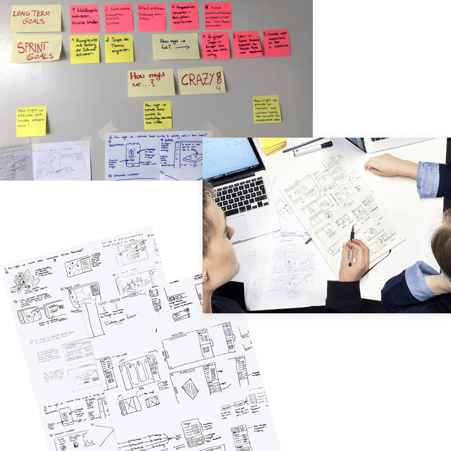 The image shows a collection of pictures from the ideation process. One picture shows two people from above, sitting at a desk and discussing a sketch. Below them are two sheets with wireframe sketches. A third image shows a pinboard with sticky notes and various design methods.