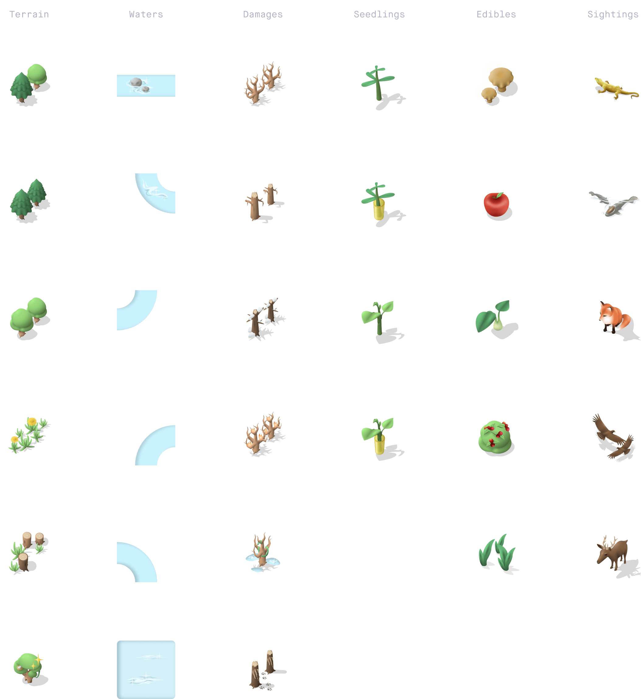 The image shows a collection of 3D icons categorized into terrain, waters, damage, seedlings, edibles, and animal sightings.