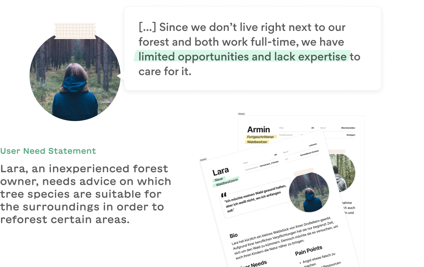 The image displays information about two personas: Laura, a new forest owner, and Armin, an experienced forest owner. Additionally, a quote from Laura and a user need statement from her are shown.