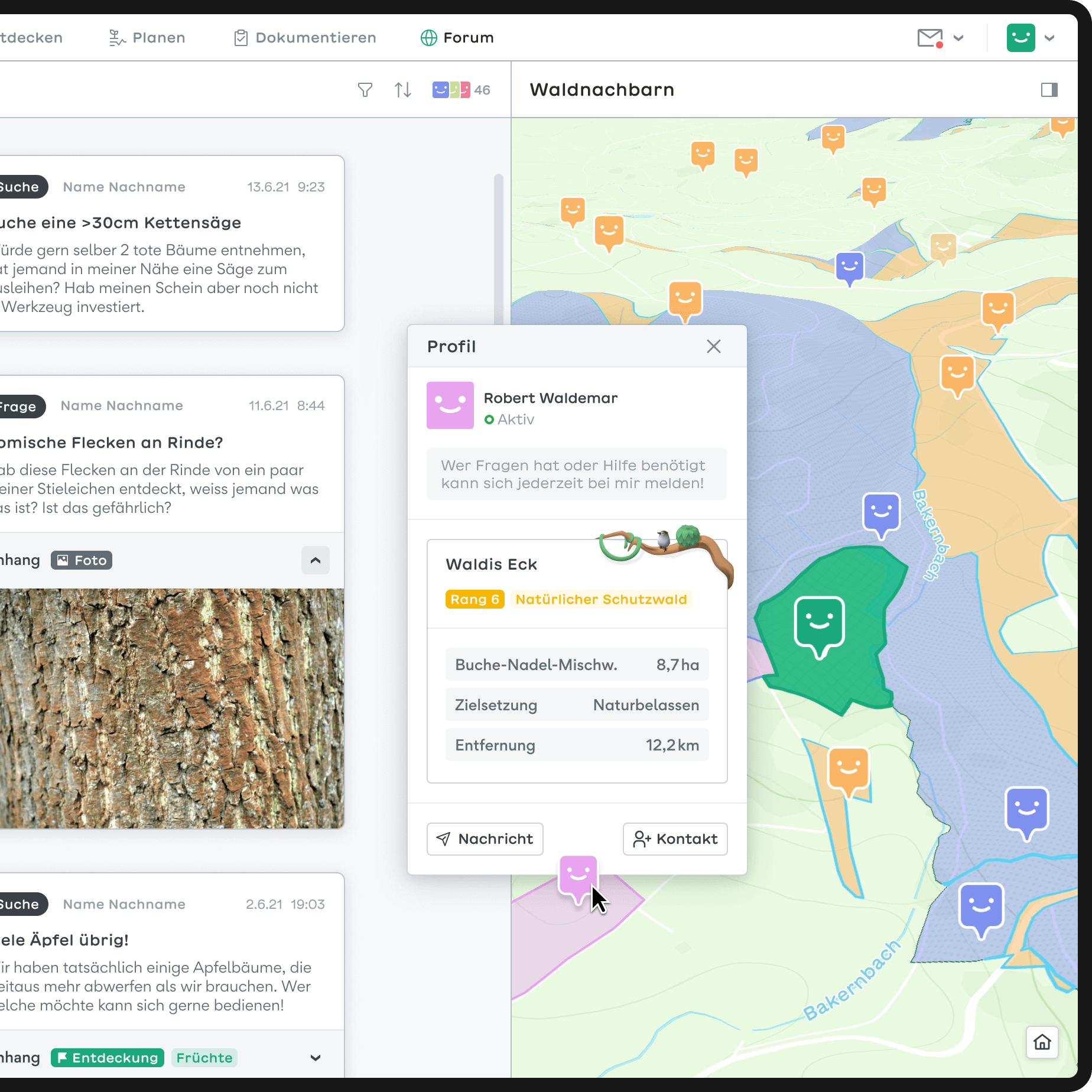 The image shows two mockups of computer screens, partially cut off on the sides. The first screen shows the map with the neighboring forest area. A cursor hovers over the symbol of a neighboring area, opening a modal displaying information about the forest owner. The second screen shows the posts section, with a modal overlay allowing the user to write a new post.