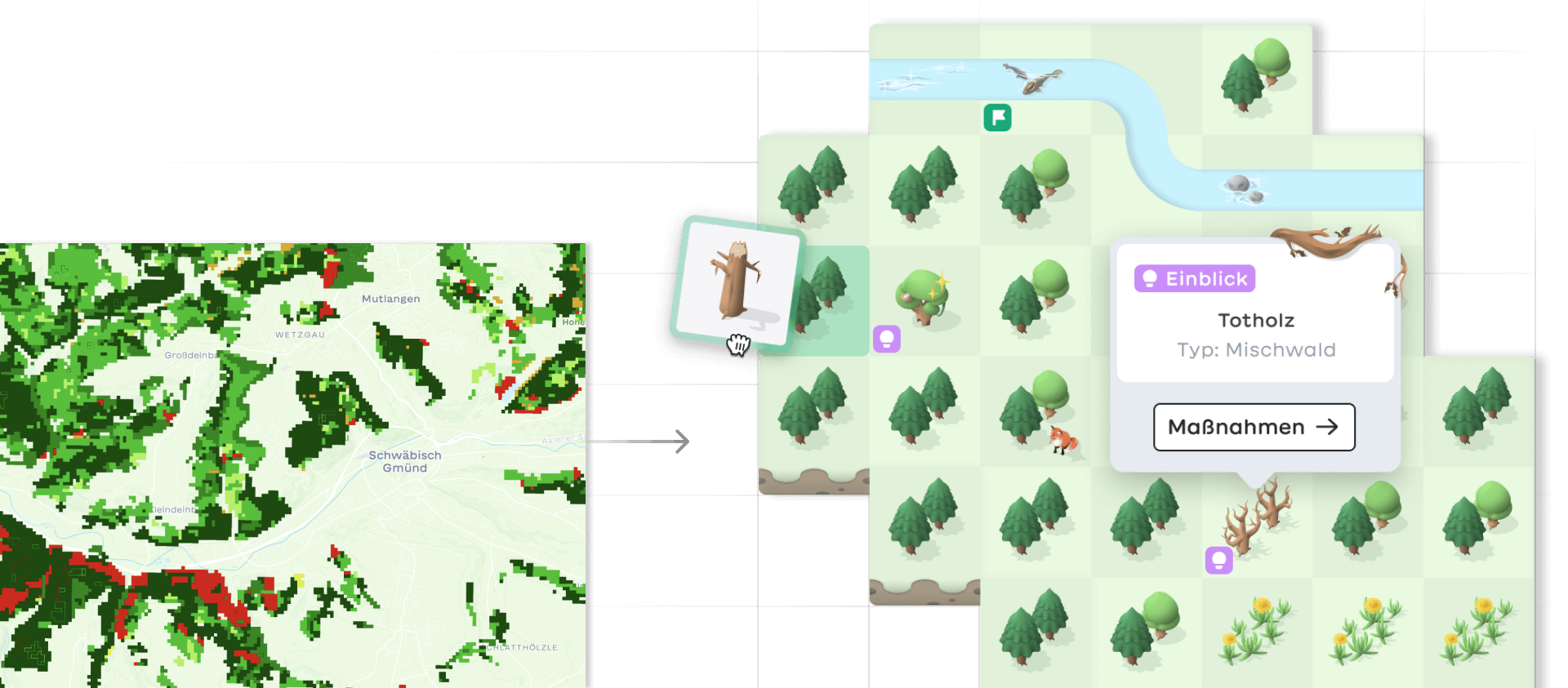 The image shows two different representations of a map. On the left, there is a relatively detailed map with markings in various shades of green and red. An arrow points from this map to another one that is structured differently. This second map is divided into squares, and each square contains a 3D icon resembling a forest.