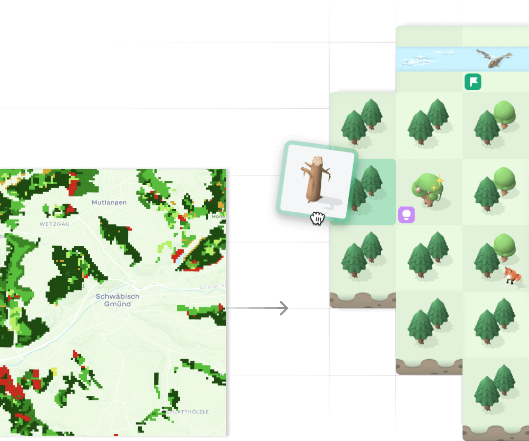 The image shows two different representations of a map. On the left, there is a relatively detailed map with markings in various shades of green and red. An arrow points from this map to another one that is structured differently. This second map is divided into squares, and each square contains a 3D icon resembling a forest.