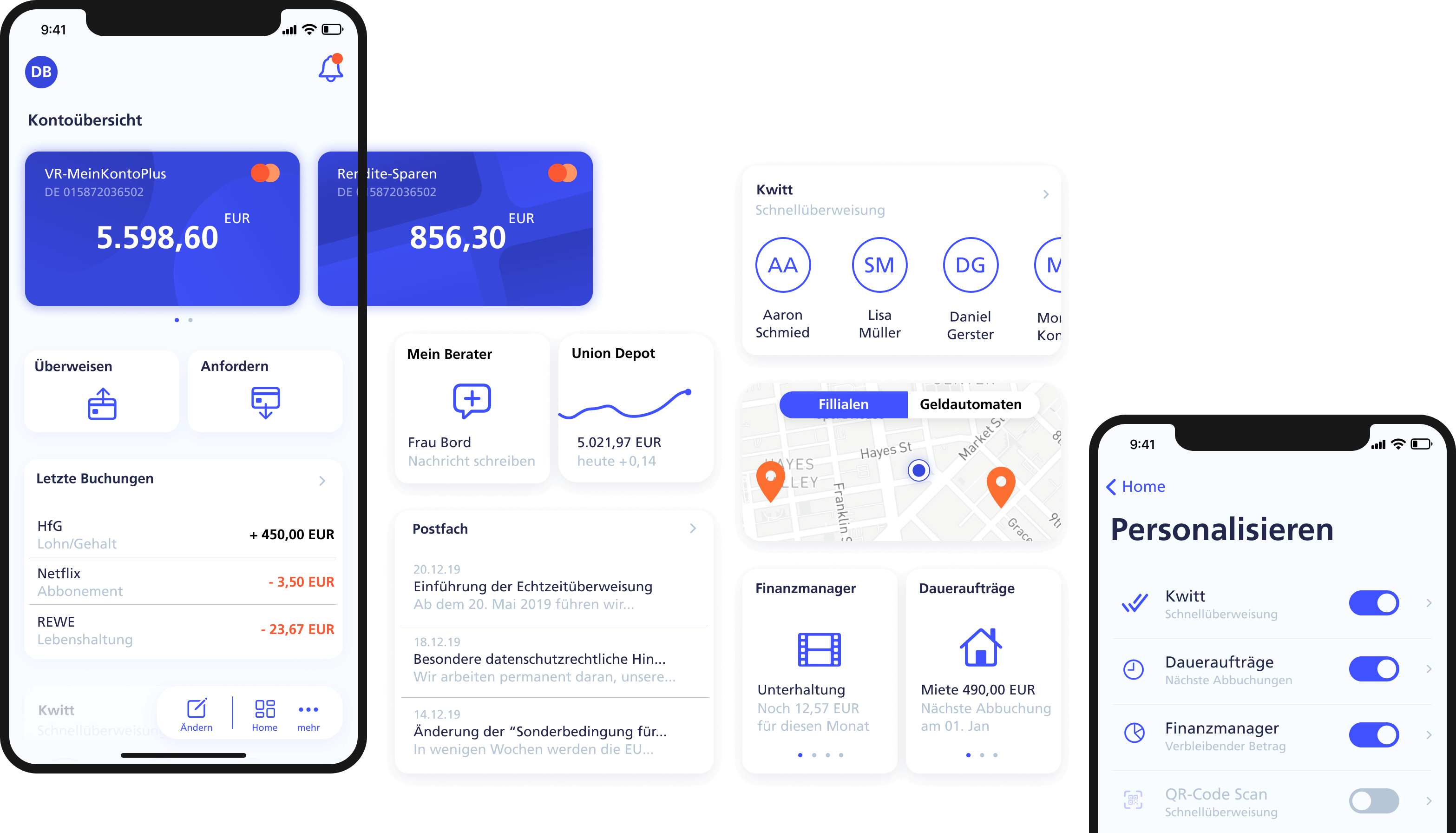 The image shows two smartphone mockups. On the screen of the first smartphone, the user's dashboard is displayed, with multiple buttons and cards arranged vertically and horizontally. The second smartphone shows the screen for personalizing the dashboard. Between both mockups, more potential dashboard cards are floating.