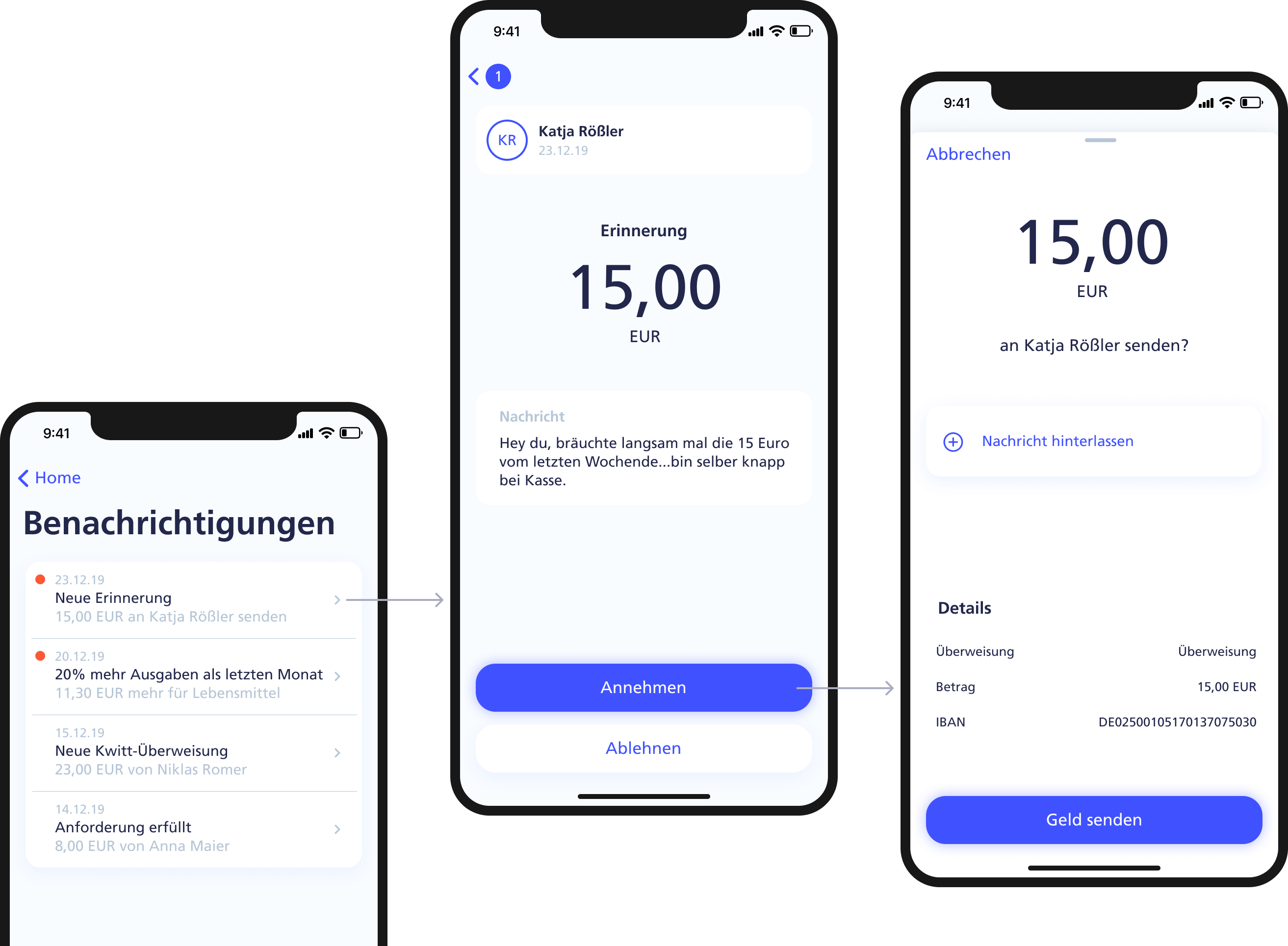 The video shows three smartphone mockups. Each displays a different part of the money request process. Through a notification on the first screen, the user is directed to a detailed view where they accept the money request via a button and send the money, shown on the final screen.