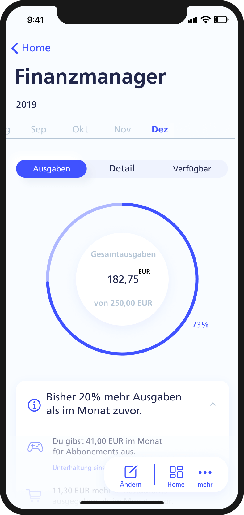 The video shows three smartphone mockups. Each shows a different part of the financial manager screen, with a general and detailed ring chart displaying expenses and available funds.