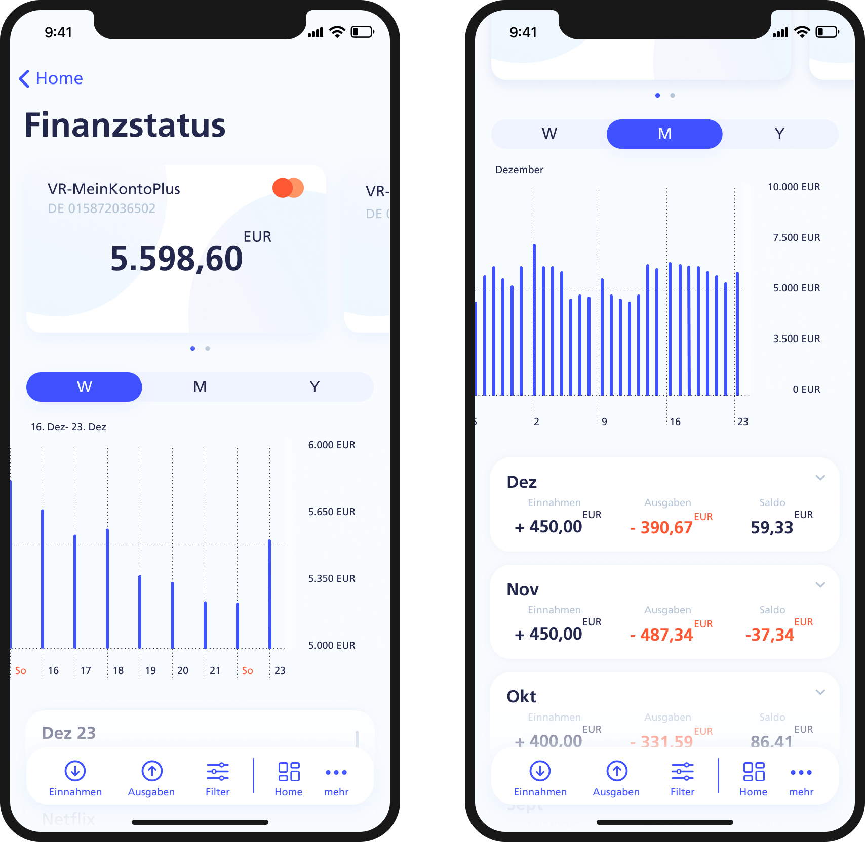 The image shows two smartphone mockups. On the screen of the first smartphone is the financial status screen, showing the current account balance and a chart of the trends over the last weeks, months, and years. The second screen displays the same chart but with the monthly view instead of the weekly view. Additionally, cards with past income and expenses are lined up below the chart.