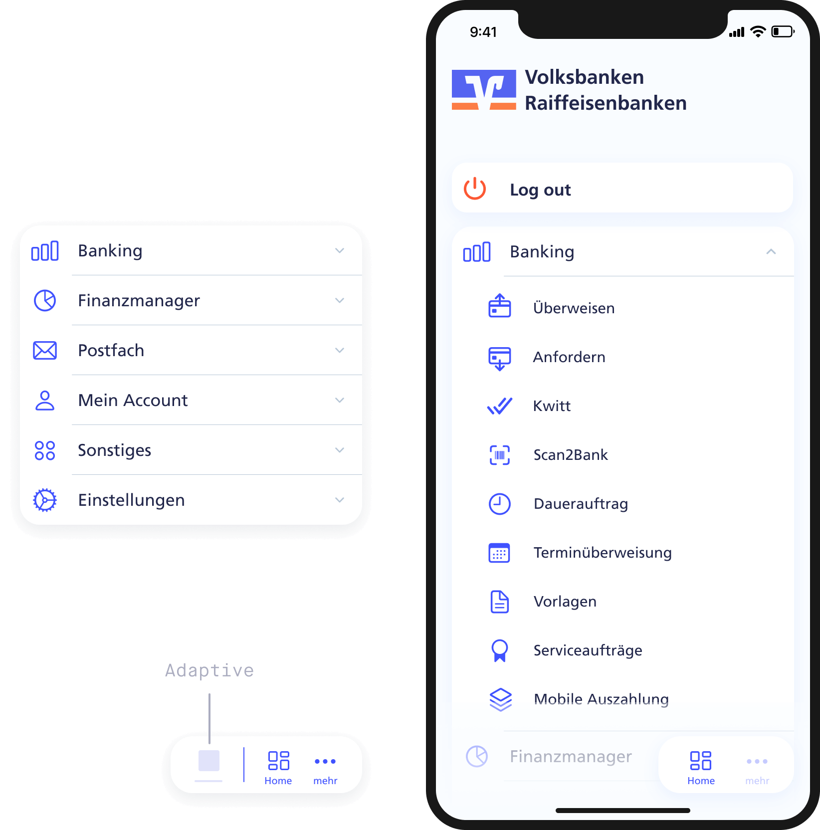 The image shows a smartphone mockup. On the screen, the menu structure of the app is displayed. A log-out button is at the top of the screen, as well as an accordion menu, which is expanded. To the left of the smartphone, the collapsed accordion menu with all six main menu items is floating. Below the card is a small floating navigation button for the bottom-right corner of the screen.