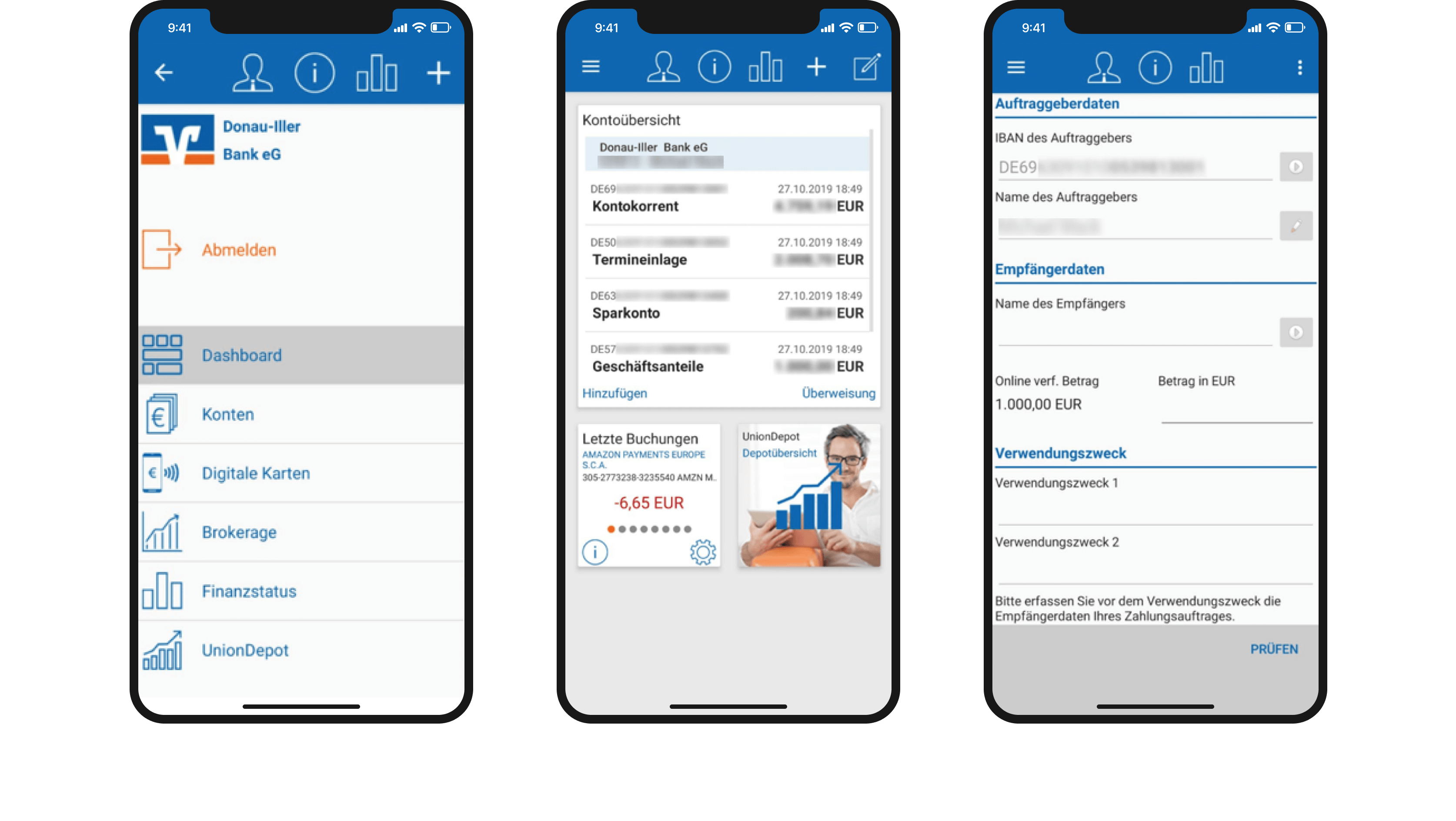 The image shows three smartphone mockups arranged horizontally side by side. The screens display screenshots of the original banking app. The first screen shows the login, the second shows the user’s dashboard, and the third displays the money transfer form.